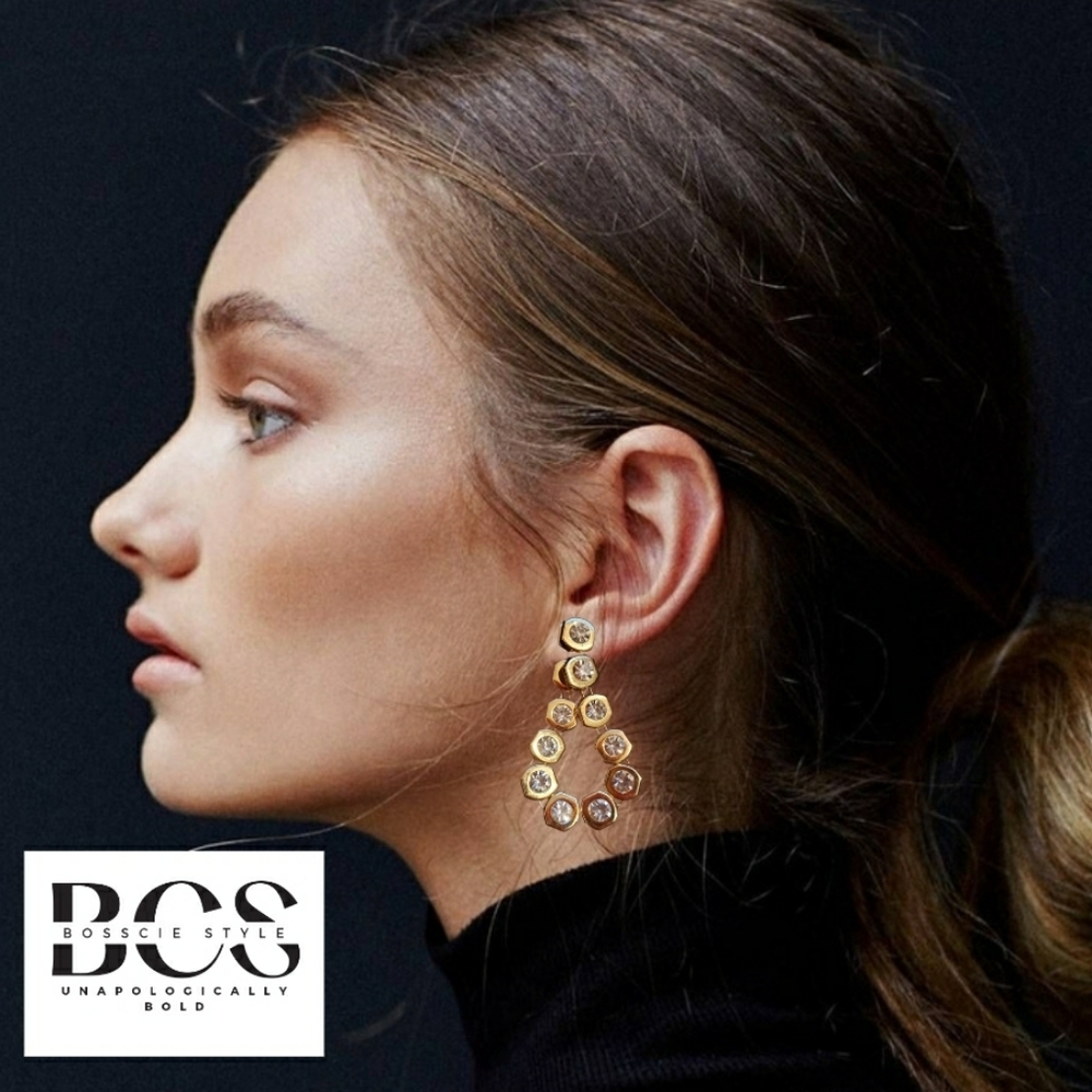 Crystal Rhinestones Pierced Eassings Encased in Gold Earrings Statement …